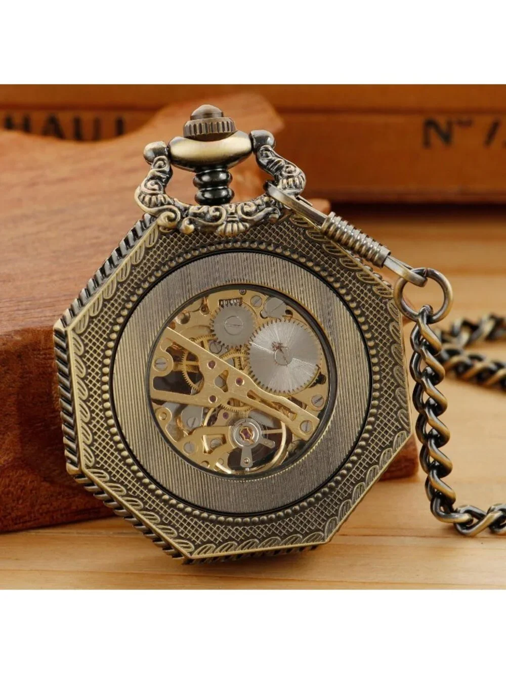 Men Black Retro Skeleton Roman Numerals Hollow Mechanical Octagonal Pocket Watch